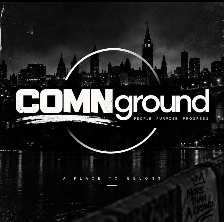 ComnGround city mark — the People Purpose Progress logo above Ottawa's Parliament Hill at night